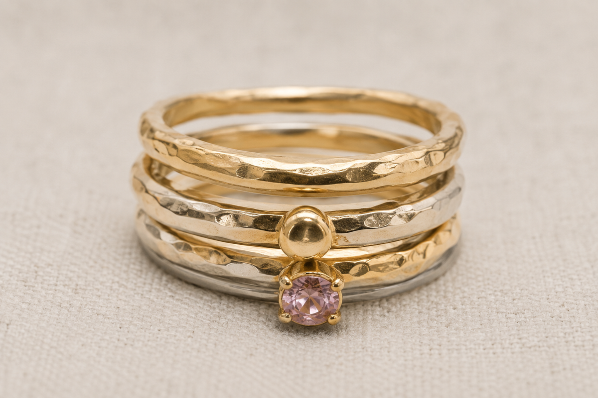 Stacking rings with gold nugget and stone set