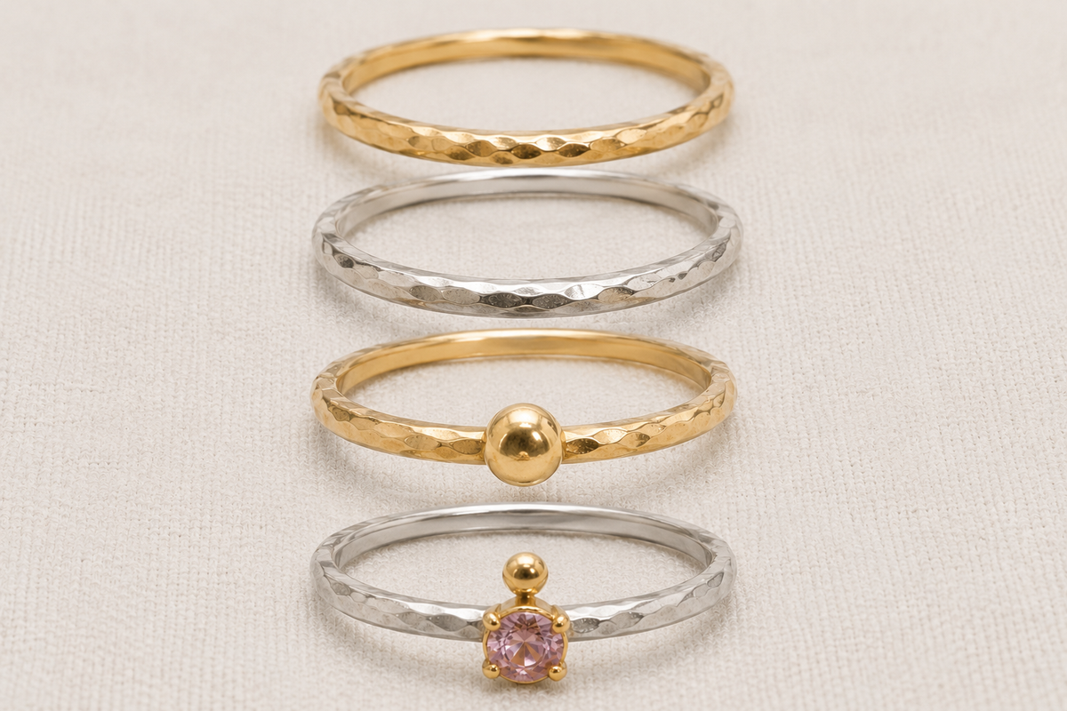 Stacking rings with gold nugget and stone set