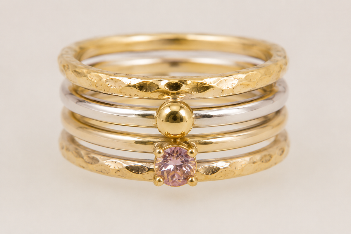 Stacking rings with gold nugget and stone set