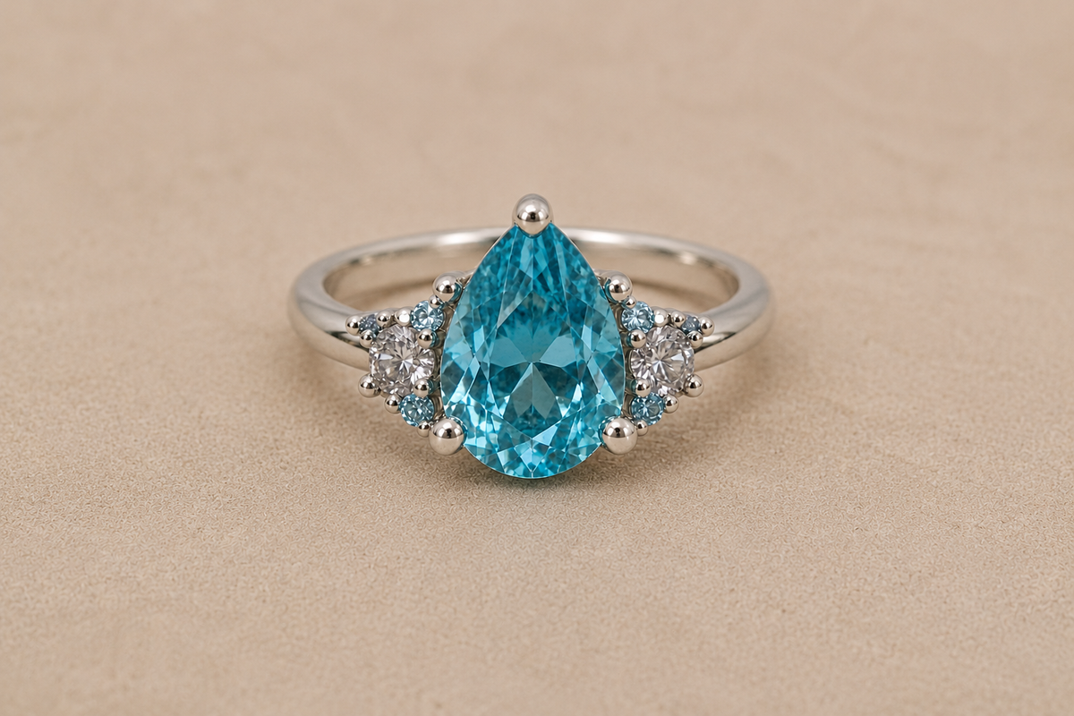 Three stone set silver ring  - pear shape stone with 2 round stones.