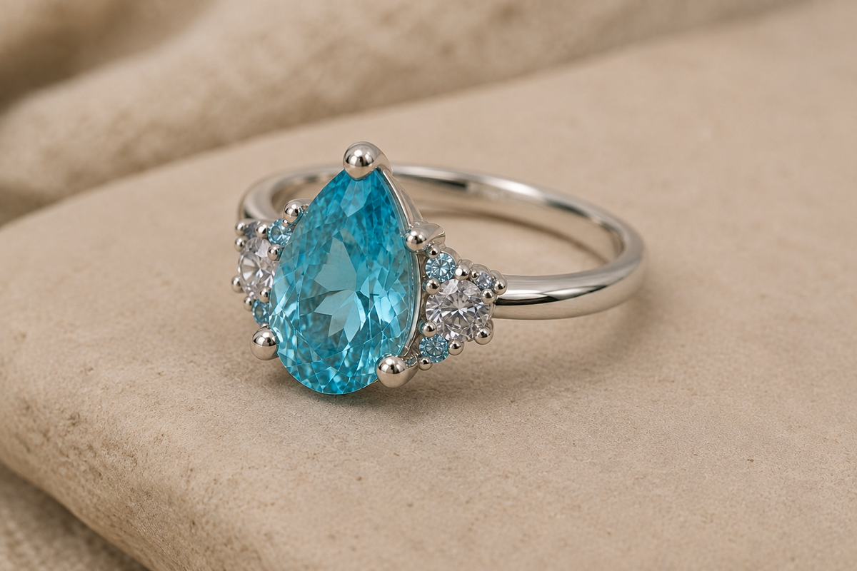 Three stone set silver ring  - pear shape stone with 2 round stones.