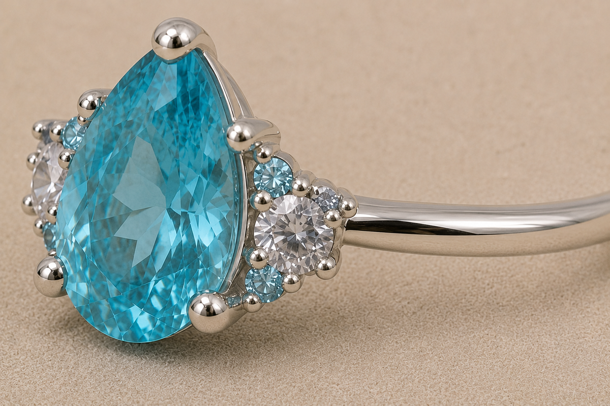 Three stone set silver ring  - pear shape stone with 2 round stones.