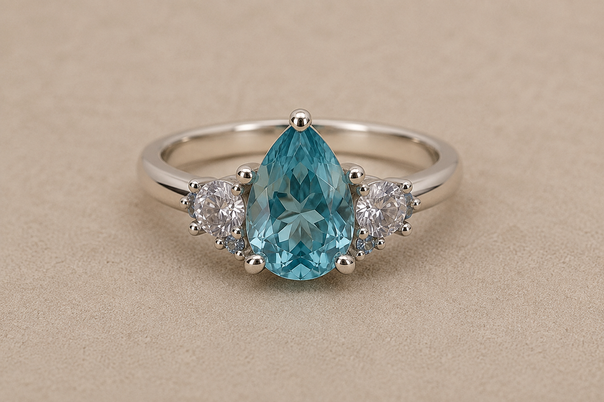Three stone set silver ring  - pear shape stone with 2 round stones.