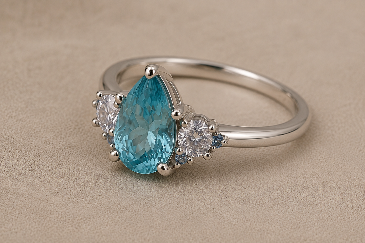 Three stone set silver ring  - pear shape stone with 2 round stones.