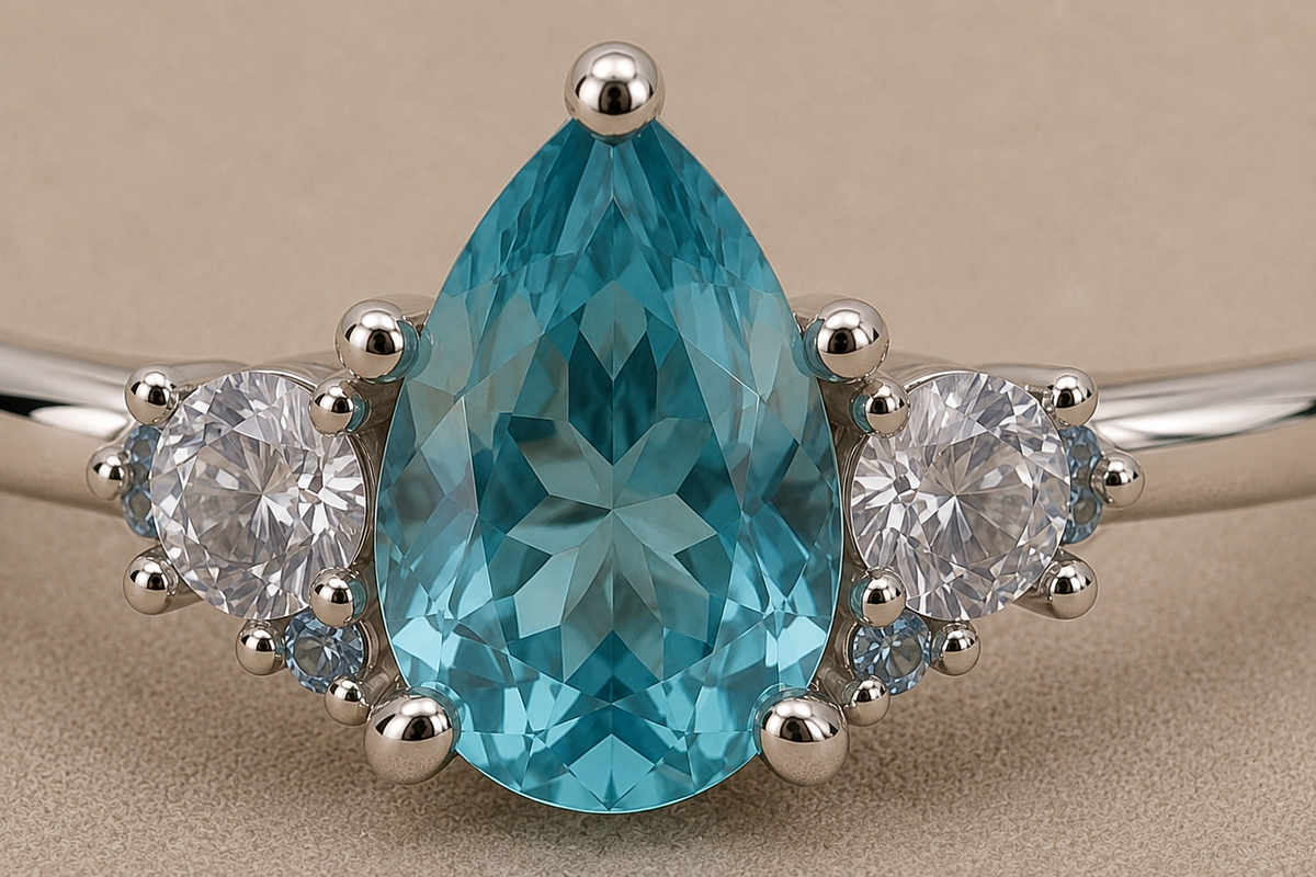 Three stone set silver ring  - pear shape stone with 2 round stones.